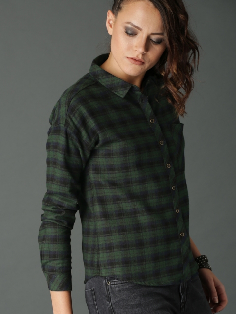 

Roadster Women Green & Black Boxy Fit Checked Shirt