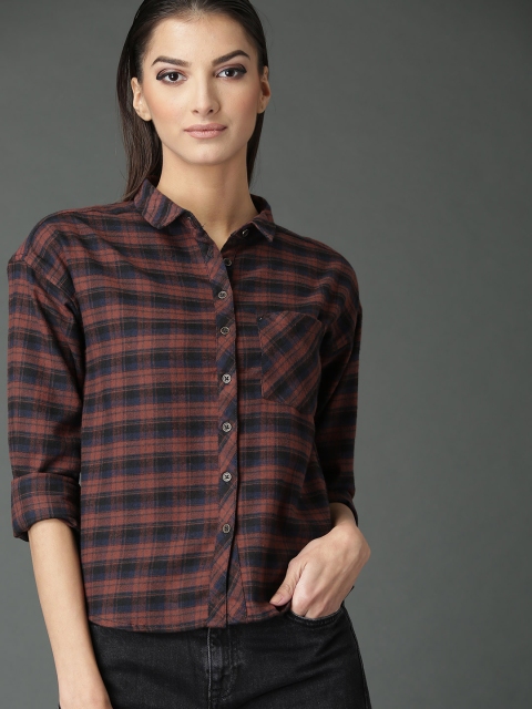 

Roadster Women Rust Brown & Black Boxy Fit Checked Shirt