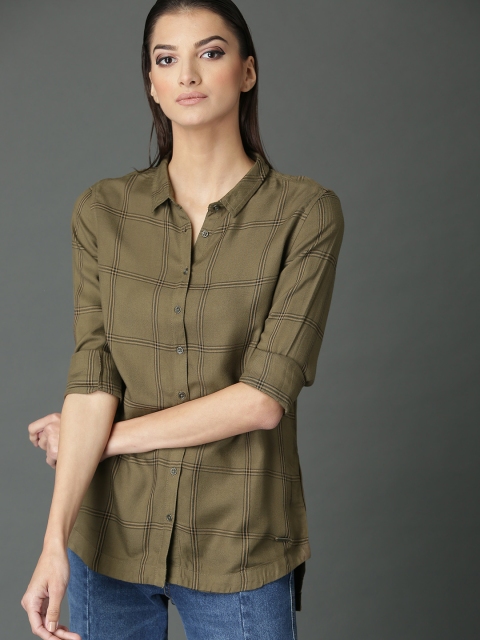 

Roadster Women Olive Green & Black Relaxed Fit Checked Casual Shirt