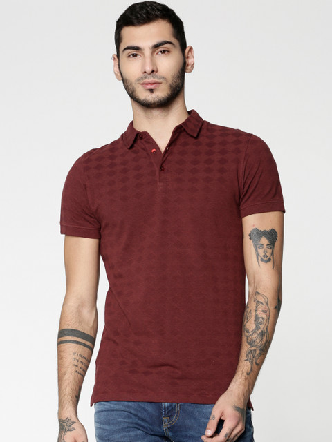 

Jack & Jones Men Red Self Design Polo Collar T-shirt