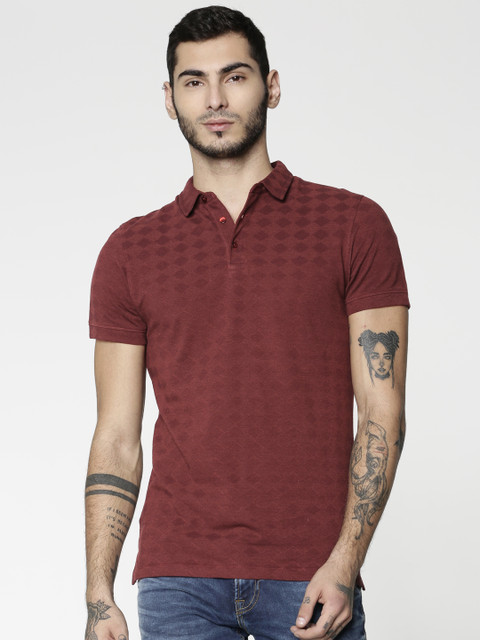 

Jack & Jones Men Maroon Self Design Polo Collar T-shirt