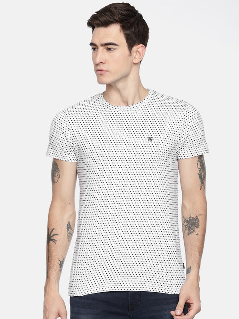 

Jack Jones Men White Black Self Design Round Neck Pure Cotton T-shirt
