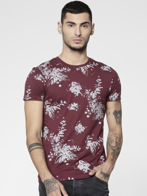 

Jack & Jones Men Maroon and Grey Floral Printed Round Neck T-shirt