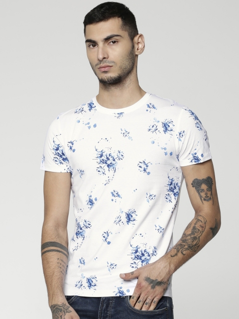 

Jack & Jones Men White & Blue Printed Slim Fit Round Neck T-shirt