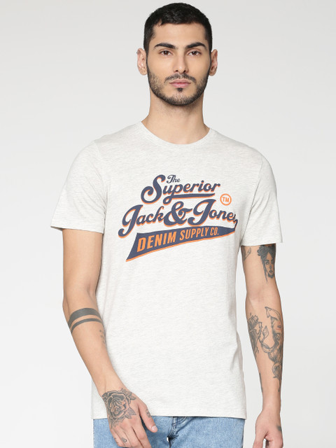 

Jack & Jones Men Grey Melange Printed Round Neck T-shirt