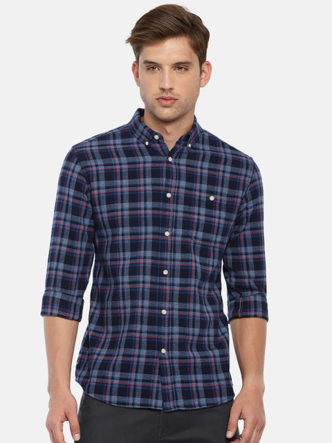 

Jack & Jones Men Navy & Maroon Slim Fit Checked Casual Shirt, Navy blue