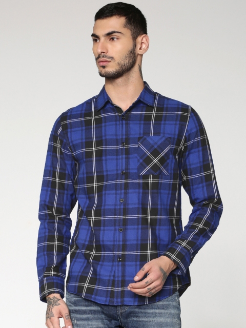

Jack & Jones Men Blue & Black Slim Fit Checked Casual Shirt