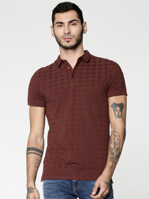 

Jack & Jones Men Maroon Self Design Slim Fit Polo Collar T-shirt