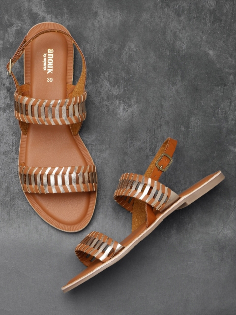 

Anouk Women Tan Brown & Gold-Toned Woven Design Open Toe Flats