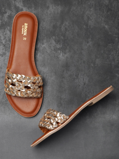 

Anouk Women Gold-Toned Woven Design Open Toe Flats