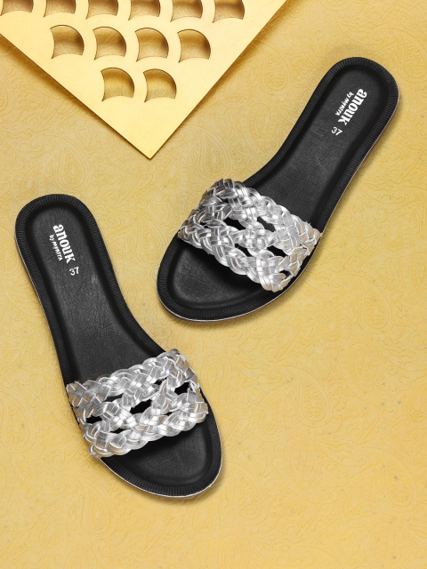 

Anouk Women Silver-Toned Woven Design Open Toe Flats