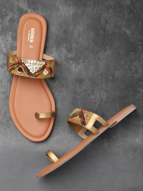 

Anouk Women Gold & Tan Brown Embellished One Toe Flats