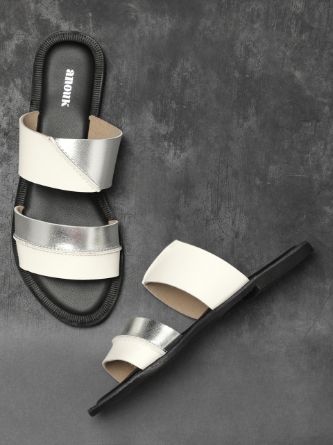 

Anouk Women White & Silver-Toned Colourblocked Open Toe Flats