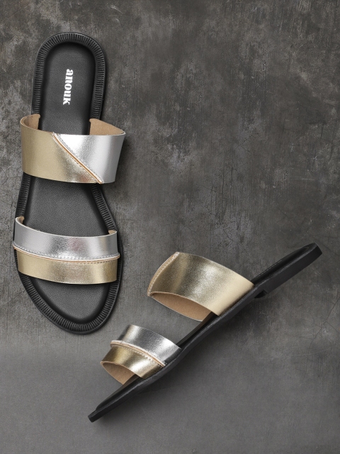 

Anouk Women Silver-Toned & Gold-Toned Colourblocked Open Toe Flats