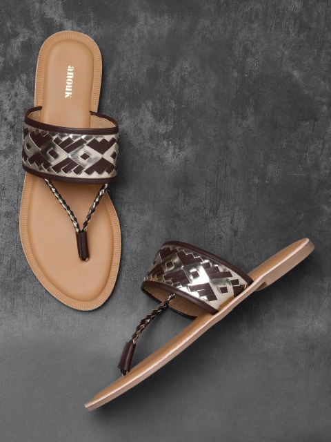 

Anouk Women Brown & Gold-Toned Woven Design Open Toe Flats