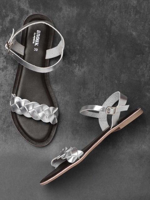 

Anouk Women Silver-Toned Solid Open Toe Flats
