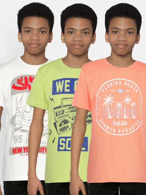 

Palm Tree Boys Pack Of 3 Printed Round Neck T-shirts, Peach