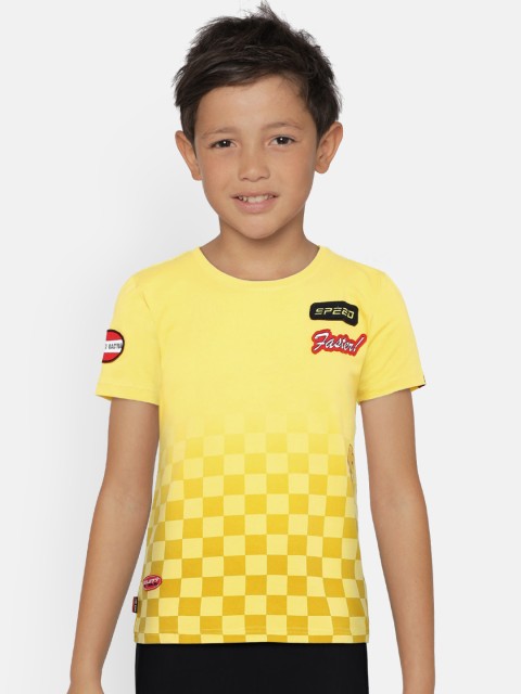 

Gini and Jony Boys Yellow Checked Round Neck T-shirt with Applique Detail