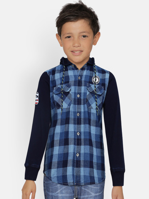 

Gini and Jony Boys Navy Blue Regular Fit Checked Hooded Casual Shirt