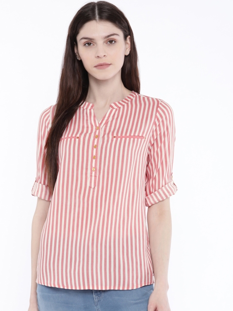 

Fame Forever by Lifestyle Women Coral Pink & White Striped Shirt Style Top