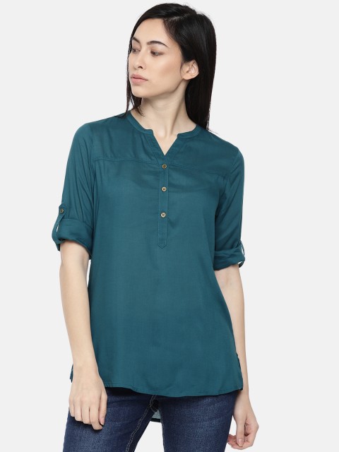 

Bossini Women Teal Blue Solid High-Low Top