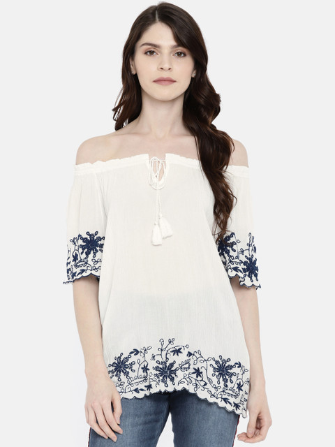 

Fame Forever by Lifestyle Women White Self Design Bardot Top