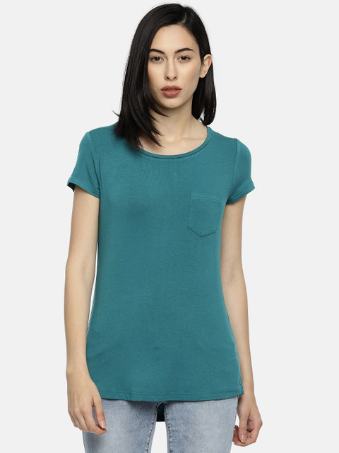 

Fame Forever by Lifestyle Women Teal Blue Solid Round Neck Longline T-shirt
