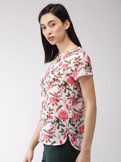 

Bossini Women White & Pink Printed Semi Sheer Top