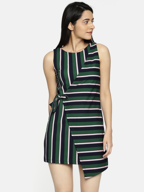 

CODE by Lifestyle Women Green & Navy Blue Striped Wrap Dress