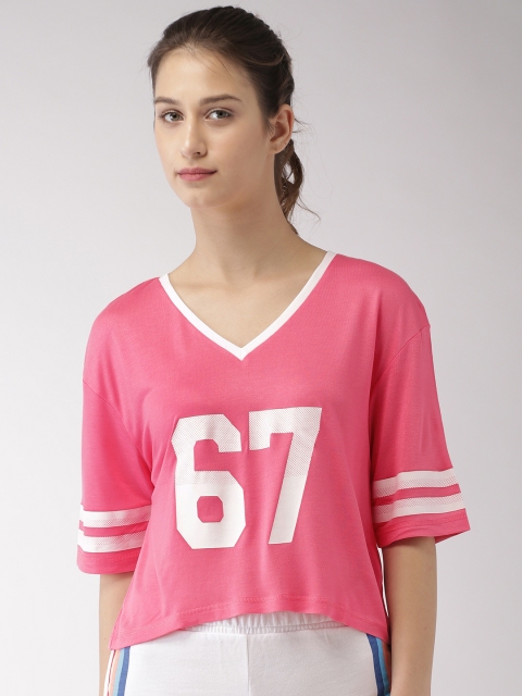 

Kappa Women Pink Printed V-Neck Cropped T-shirt
