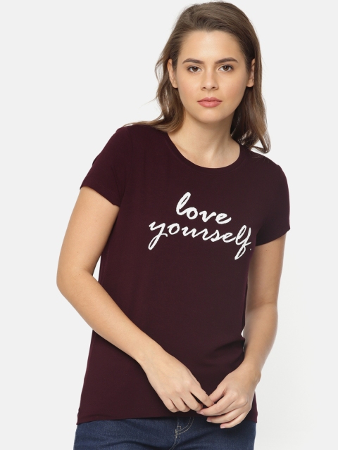 

Fame Forever by Lifestyle Women Burgundy Printed Round Neck T-shirt