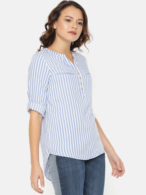 

Fame Forever by Lifestyle Women Blue & White Striped High-Low Top