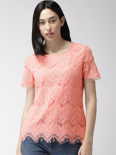 

Bossini Women Peach-Coloured Self Design Lace Top