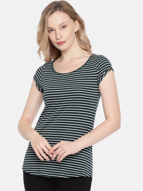 

Fame Forever by Lifestyle Women Green & White Striped Round Neck T-shirt