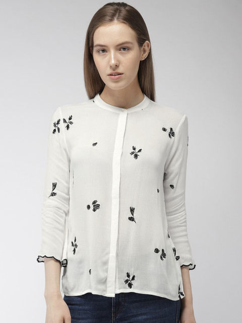 

Bossini Women White & Black Embroidered Shirt Style Top