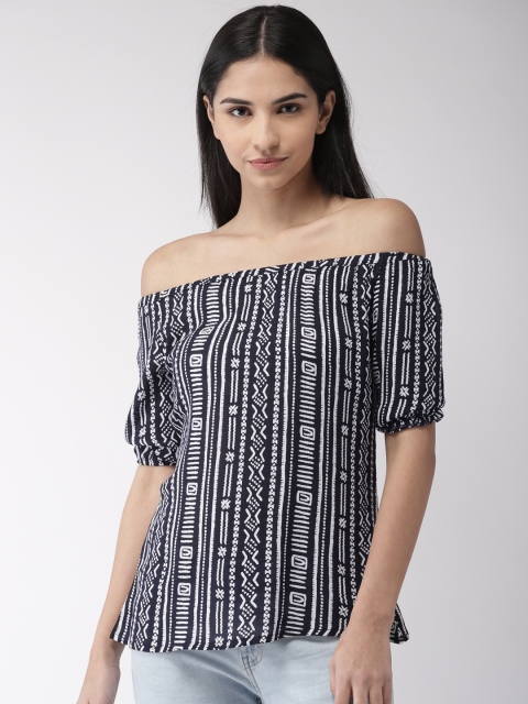 

Bossini Women Navy Blue & White Printed Bardot Top