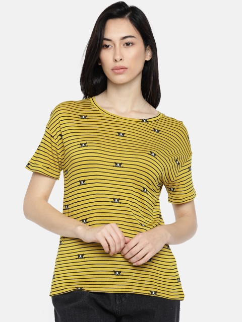 

Fame Forever by Lifestyle Women Mustard Yellow & Black Striped Round Neck T-shirt