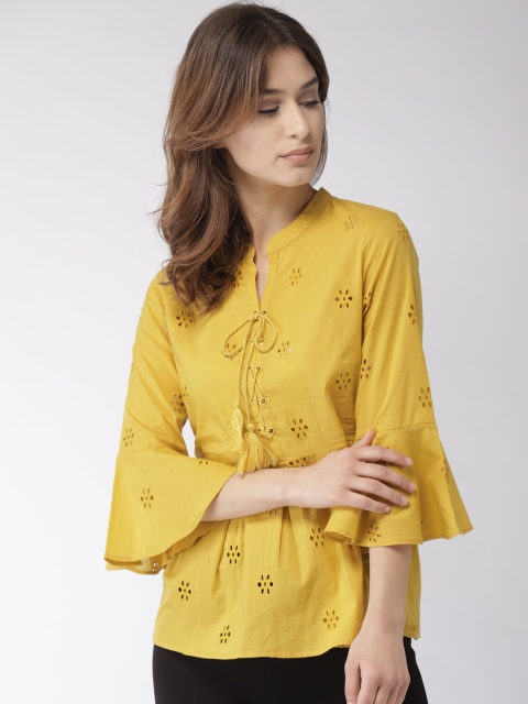 

Bossini Women Mustard Yellow Self-Design Peplum Top