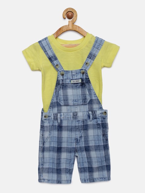 

Gini and Jony Boys Yellow Solid T-shirt with Checked Dungarees