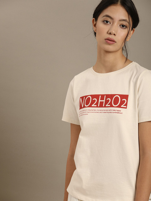 

ether Kora Collection Women Off-White Printed Sustainable Unbleached Fabric T-shirt