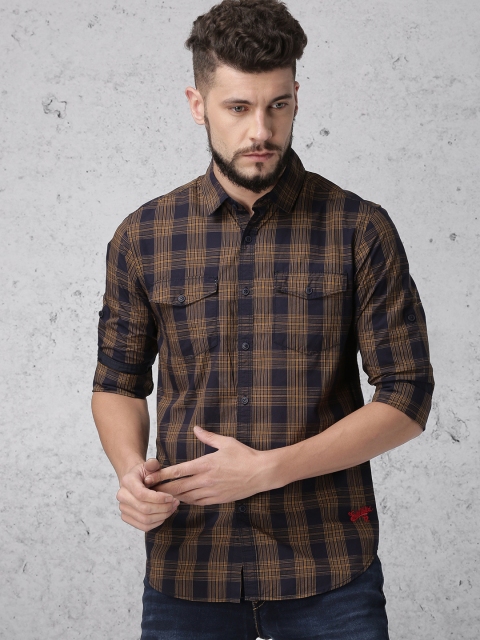 

Ecko Unltd Men Brown & Navy Blue Slim Fit Checked Casual Shirt