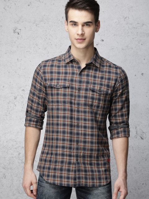 

Ecko Unltd Men Navy Blue & Brown Slim Fit Checked Casual Shirt