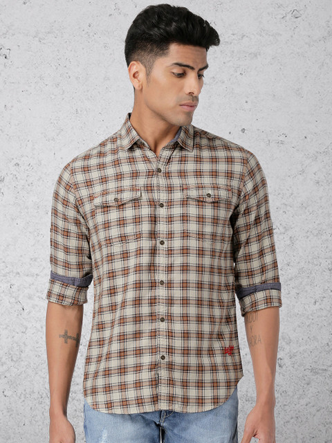 

Ecko Unltd Men Beige & Brown Slim Fit Checked Casual Shirt