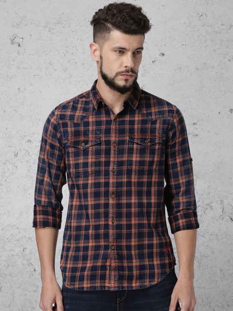

Ecko Unltd Men Navy Blue & Rust Brown Slim Fit Checked Casual Shirt