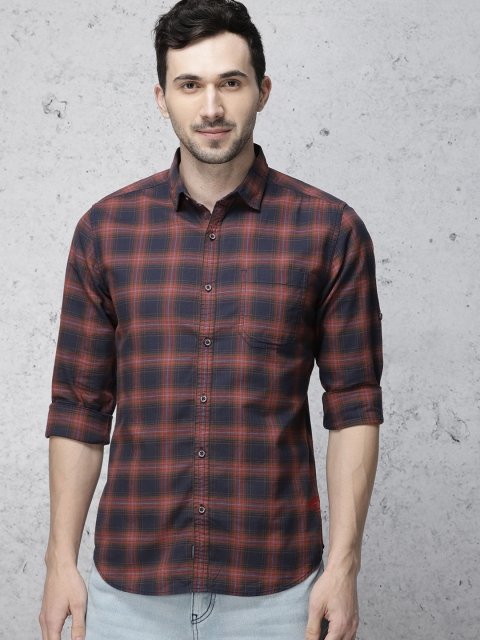 

Ecko Unltd Men Navy Blue & Rust Slim Fit Checked Casual Shirt
