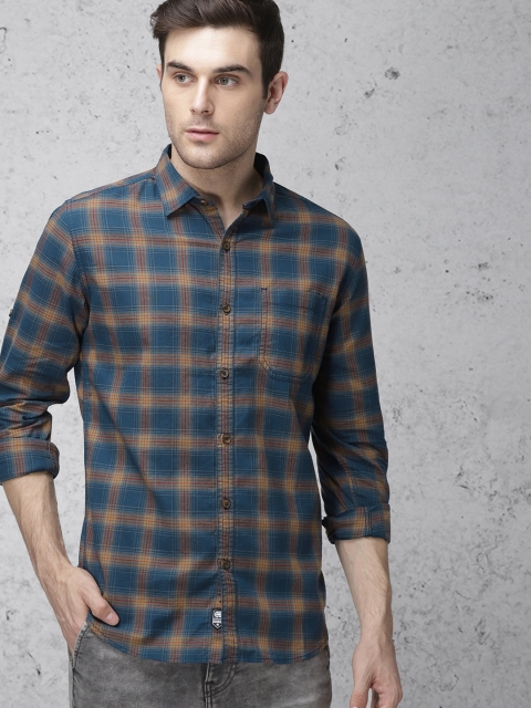 

Ecko Unltd Men Navy & Brown Slim Fit Checked Casual Shirt, Navy blue