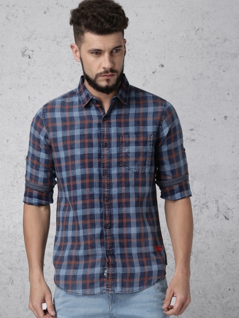 

Ecko Unltd Men Blue & Rust Orange Slim Fit Checked Casual Shirt