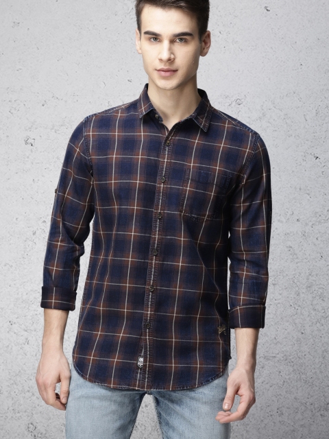 

Ecko Unltd Men Navy Blue & Brown Slim Fit Checked Casual Shirt