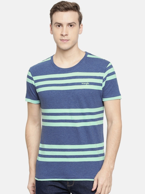 

Wrangler Men Blue Sea Green Striped Round Neck Pure Cotton T-shirt