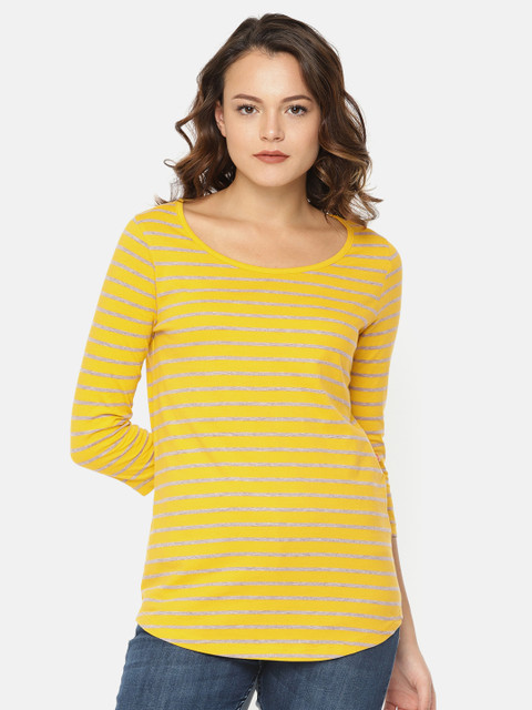 

Fame Forever by Lifestyle Women Mustard Yellow & Navy Blue Striped Round Neck T-shirt